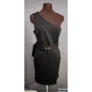 ASOS‎ DESIGN Women’s Black One Shoulder Wrap Mini Dress Tortoise Shell Belt Sz 8
